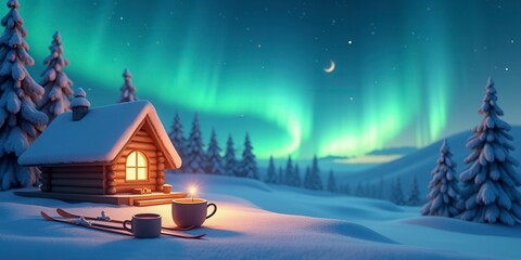 Fototapeta premium Cozy Cabin, Aurora Borealis, Winter Wonderland