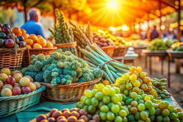Fresh fruits and vegetables at sunlit market stall, vibrant colors shine