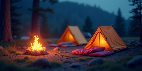 Campfire and Tents in Twilight Forest