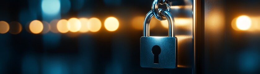 A close-up of a metallic padlock secured on a door, symbolizing safety and security against intrusion in a modern environment.