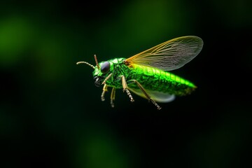 High-Resolution Macro Photography of a Green Insect in Flight Among Flowers