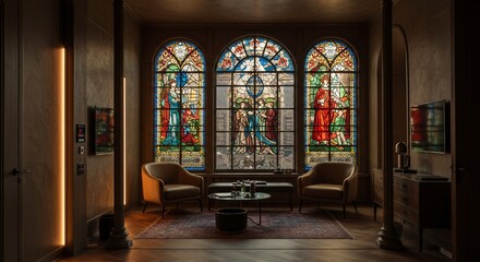 Fototapeta premium Sunlight streaming through stained glass windows illuminates a luxurious living room, creating a warm and elegant atmosphere