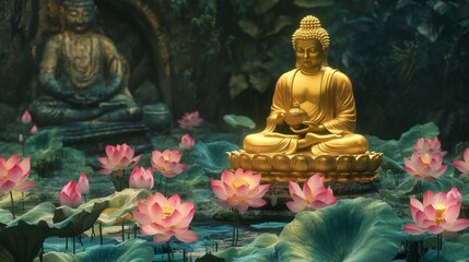 golden buddha and lots of pink lotus and other green flowers