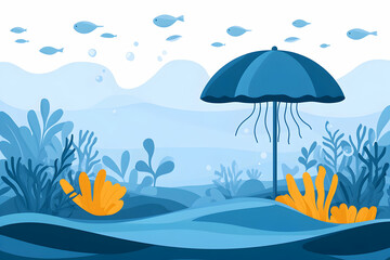 Fototapeta na wymiar Serene underwater scene with a blue umbrella, coral, and fish. Perfect for summer, beach, or ocean-themed projects.
