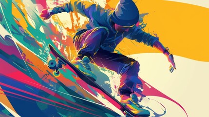 Skater Performing a Dynamic Ollie Maneuver Against Vibrant Abstract Background..