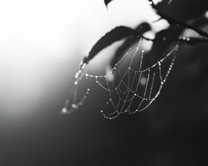 A delicate spider web adorned with dew drops glistens softly in the morning light, creating a serene and tranquil atmosphere.