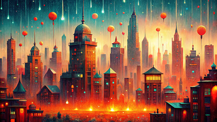 Fototapeta premium whimsical cityscape with vibrant colors and floating lanterns