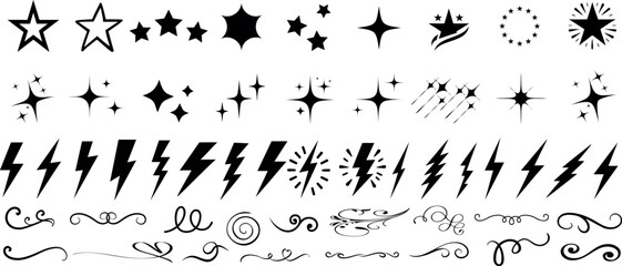 star sparkle, lightning bolt, swirls, and abstract design vector elements. Perfect stars, sparkles, lightning bolts, swirls for comic book art, retro aesthetics, and graphic design projects © Arafat