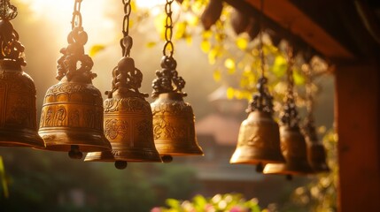 Obraz premium golden buddhist bells with wishes in sunlight