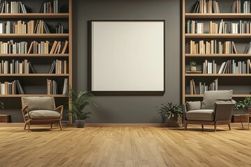 3D office scene with blank frame, wooden elements, and neat shelves.