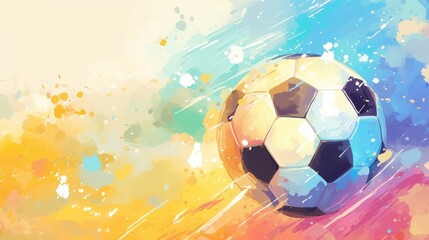 Soccer Ball Soaring Through Abstract Watercolor Splashes..