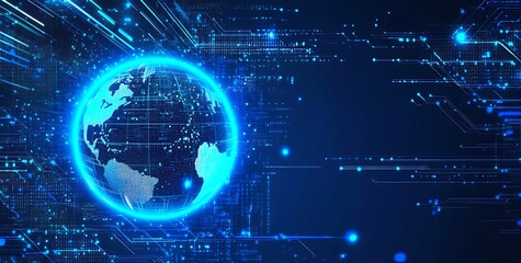 Futuristic Digital Globe with Holographic Earth and Blue Technology Interface Showcasing Global Network Connections, Cybersecurity, and AI-Driven Data Visualization