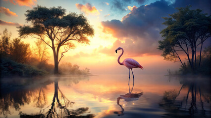 lone flamingo stands gracefully in calm waters at sunset, reflecting nature beauty