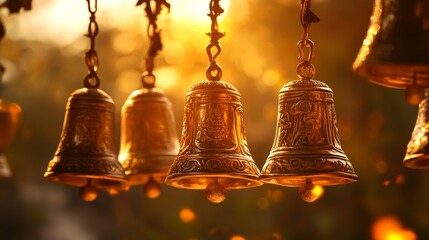 golden buddhist bells with wishes in sunlight