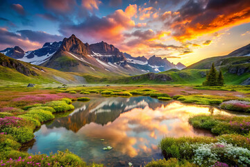 Fototapeta premium Breathtaking mountain landscape with vibrant flowers and serene lake