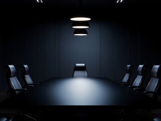 A modern, minimalist conference room with a sleek black table and stylish chairs, illuminated by ambient lighting.