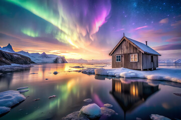 Fototapeta premium serene wooden hut by tranquil lake reflects vibrant northern lights