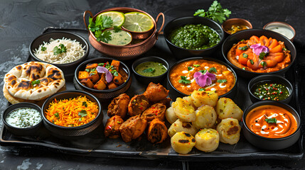 Assorted indian food on black background