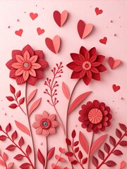 Paper cut-style red flowers and heart shapes on a soft pink background. Flat lay composition with copy space, perfect for Valentine's Day, love, wedding, or romantic greeting cards