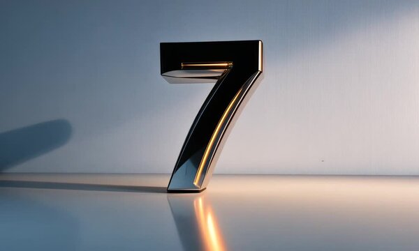A shiny metallic number 7 illuminated from within, set against a minimalistic background.