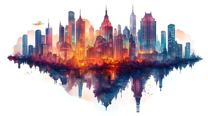 Fototapeta premium Urban skyline reflection at sunset cityscape illustration digital art