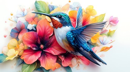 Fototapeta premium Hummingbird in colorful bloom nature digital art vibrant scene