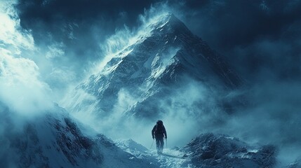A lone hiker ascends a snow-covered mountain peak with dramatic clouds and a sense of mystery.