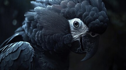 Obraz premium Grey parrot with crest. Detail portrait of dark parrot Palm cockatoo, Probosciger aterrimus, talon in the bill, Head of big grey bird, nature habitat