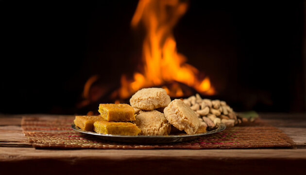 Close-up of traditional Lohri, Baisakhi & Holi sweets like gajak and rewari with a bonfire in the background