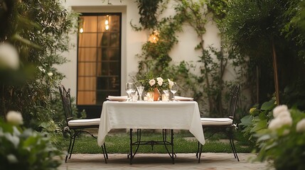 Obraz premium Romantic dinner setup garden photography evening intimate atmosphere