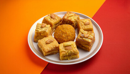 Indian traditional sweets like laddoo, Gazak, Til Gazak, Brafi on a plate during Lohri & Baisakhi Pooja