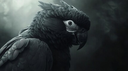 Obraz premium Grey parrot with crest. Detail portrait of dark parrot Palm cockatoo, Probosciger aterrimus, talon in the bill, Head of big grey bird, nature habitat