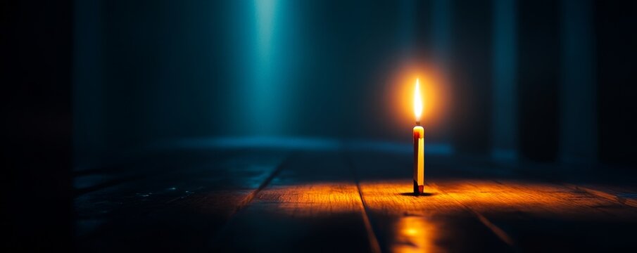A solitary candle illuminates a dark room, symbolizing hope, tranquility, and reflection in a serene setting.