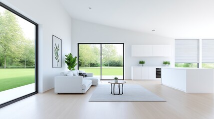 Modern living room with large windows and minimalist design.