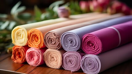 Roll up of towels flowers for massage spa treatment ,aroma ,healthy wellness relax calm and luxurious atmosphere associated with pampering 
