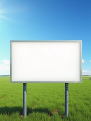 Large white rectangular billboard mockup with a blank surface on a tall steel frame, captured in sharp focus. Perfect for branding or marketing