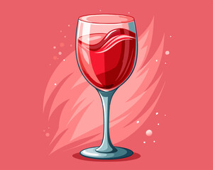 A sparkling crystal wine glass filled with red liquid, standing against a soft pink backdrop