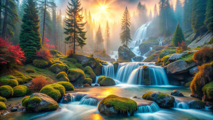 Fototapeta premium serene waterfall cascading through lush forest landscape, illuminated by sunrise