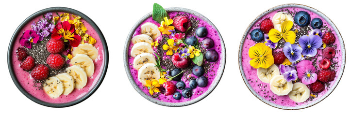 A Set of Vibrant Smoothie Bowls with Assorted Toppings Arranged Beautifully Isolated on Transparent Background