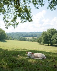 Obraz premium A peaceful lamb resting in a lush green field under a tree on a sunny day.