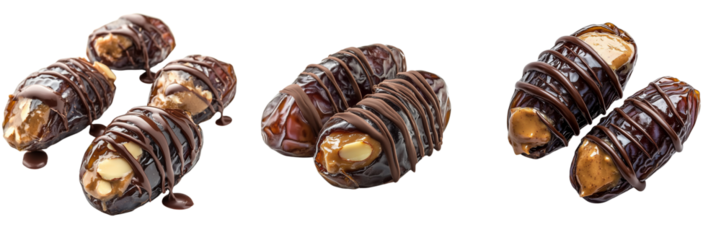 A Set of Premium Medjool Dates with Almond Butter and Dark Chocolate Filling Isolated on Transparent Background