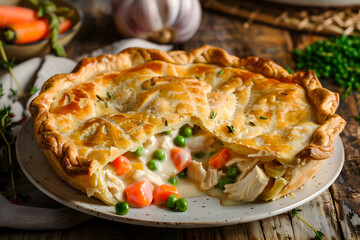 Golden Chicken Pot Pie with flaky crust, creamy filling, and rustic kitchen setting