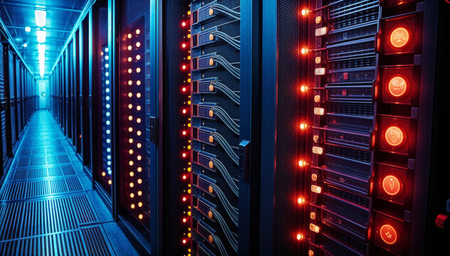 A server room hallway displays lit network equipment.
