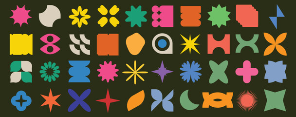 Groovy retro shapes. Abstract 70s 80s pop art style abstract figures, funky geometric hippie elements, Y2K retro badges for poster logo design. Vector isolated set.