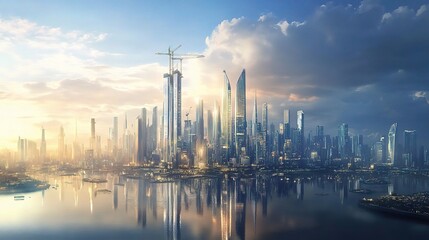Naklejka premium Construction Site with Tower Crane and Skyscrapers Under Development