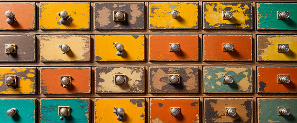 Distressed painted drawers feature unique snail shaped knobs.