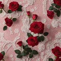 A romantic scene with red roses on a pink and white lace-patterned backdrop.