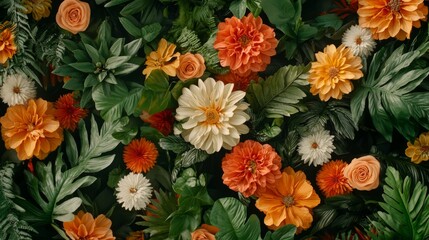 Lush Orange Cream Floral Background Botanical Texture Tropical Leaves Flowers High Resolution Image