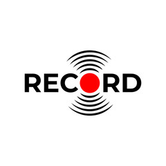 The logo "RECORD" with a stylized red circle and radiating lines, resembling a record button and sound waves. It conveys a dynamic and energetic feel, suggesting a lively and engaging podcast 