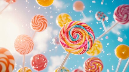 Joyful Rain of Colorful Lollipops: Lively Candy Cascade under Sunny Sky